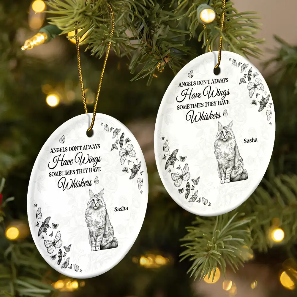 Angels Have Whiskers Chinoiserie Toile Cat - Personalized Circle Ceramic Ornament - Image 2