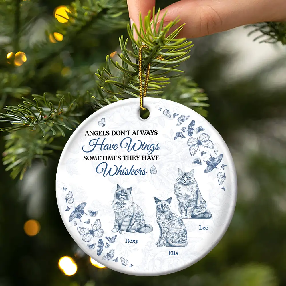 Angels Have Whiskers Chinoiserie Toile Cat - Personalized Circle Ceramic Ornament - Image 3
