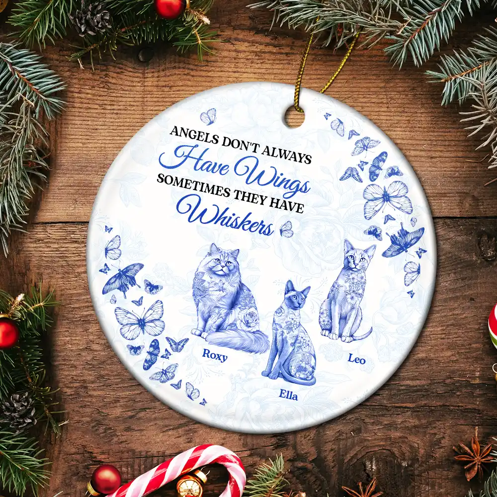 Angels Have Whiskers Chinoiserie Toile Cat - Personalized Circle Ceramic Ornament - Image 5