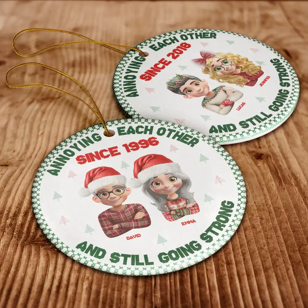 Annoying Each Other 3D Effect Couple Crossed Arms - Personalized Circle Ceramic Ornament - Image 6
