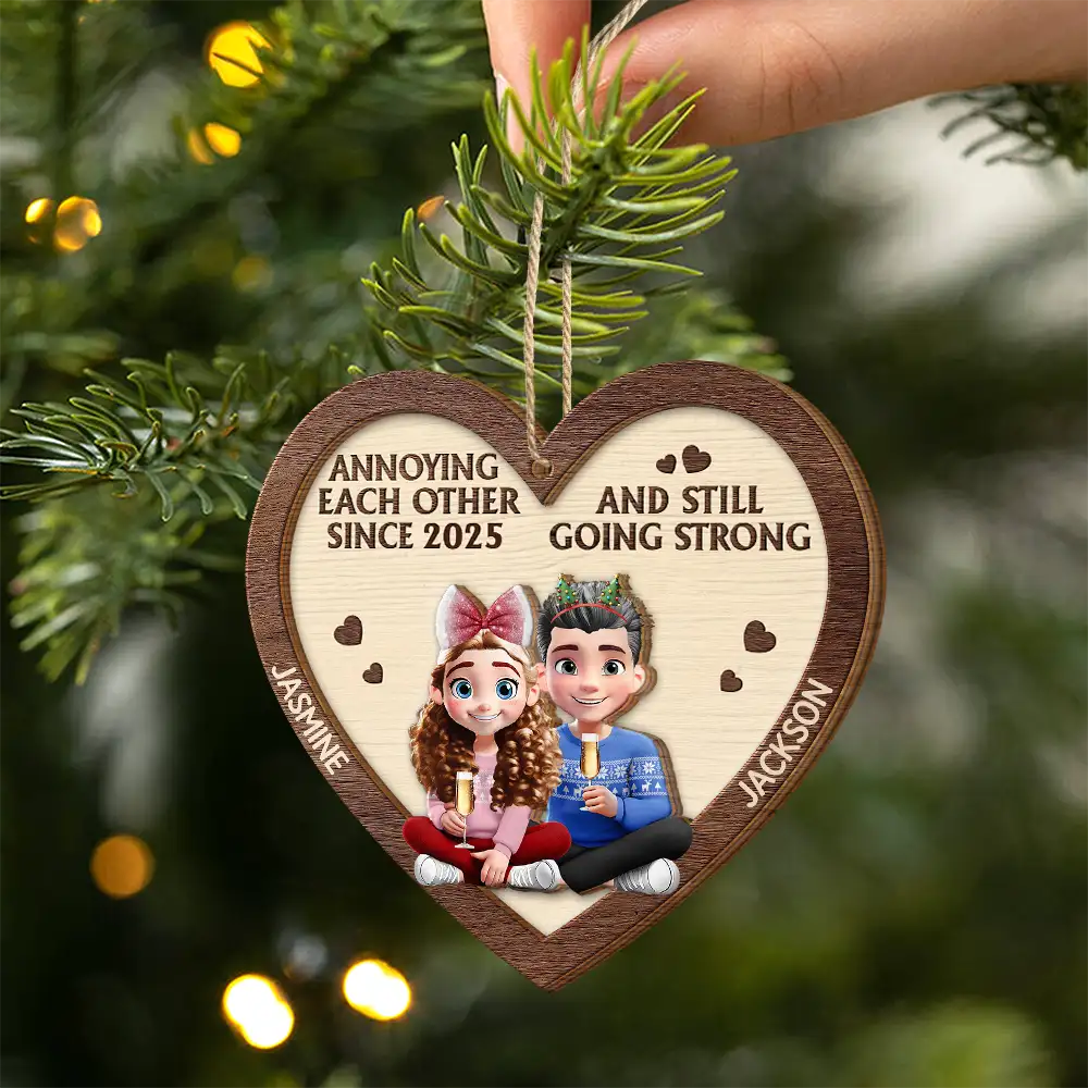 Annoying Each Other 3D Effect Couple - Personalized 2-Layered Wooden Ornament - Image 2