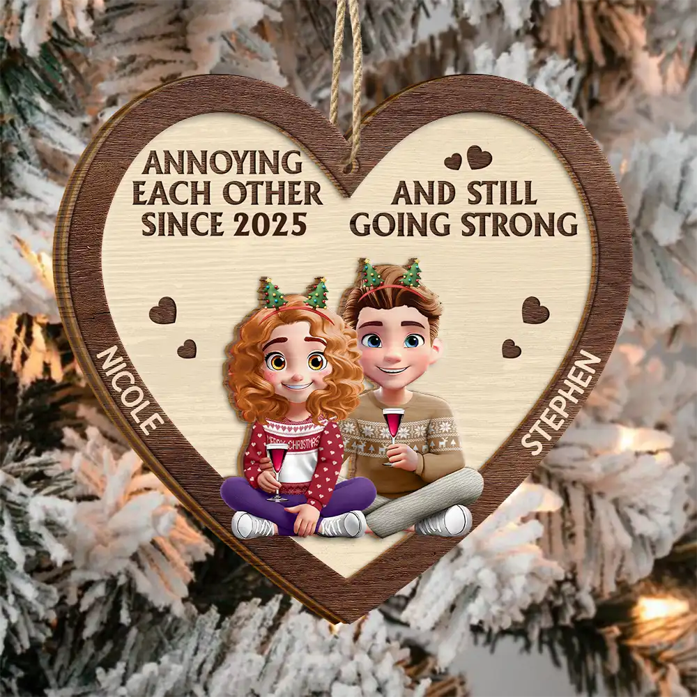 Annoying Each Other 3D Effect Couple - Personalized 2-Layered Wooden Ornament - Image 3