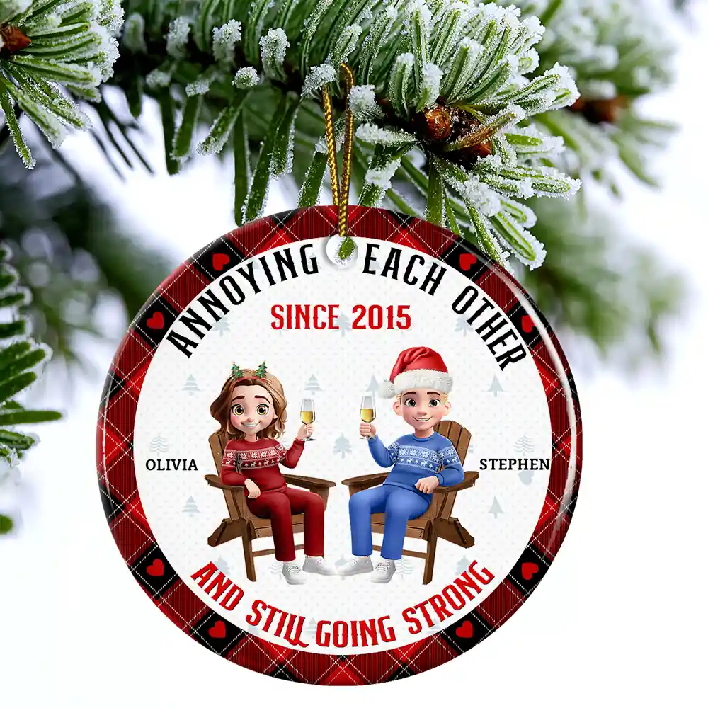 Annoying Each Other Since 3D Effect Couple - Personalized Circle Ceramic Ornament - Image 4