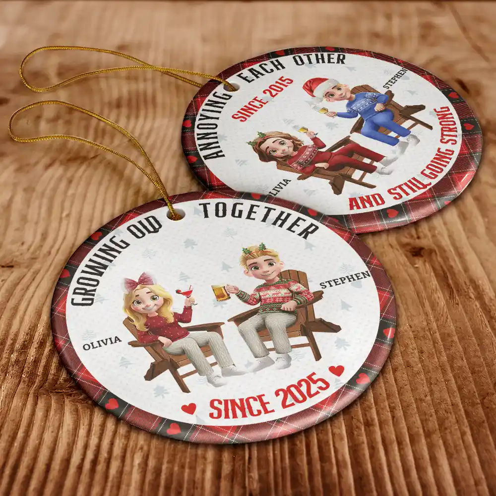 Annoying Each Other Since 3D Effect Couple - Personalized Circle Ceramic Ornament - Image 6