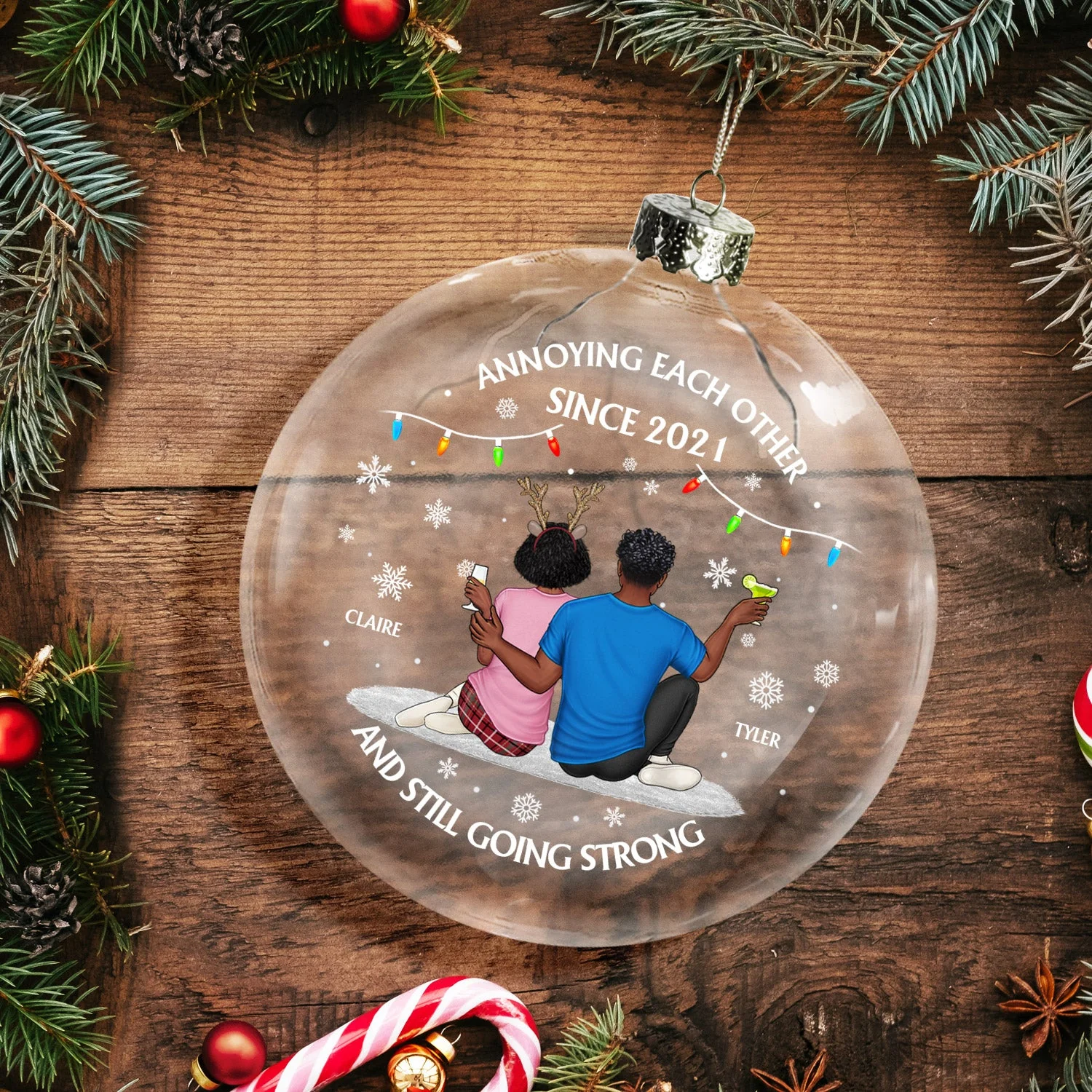 Annoying Each Other Since And Still Going Strong - Christmas Gift For Couple - Personalized Clear Flat Ball Ornament - Image 3