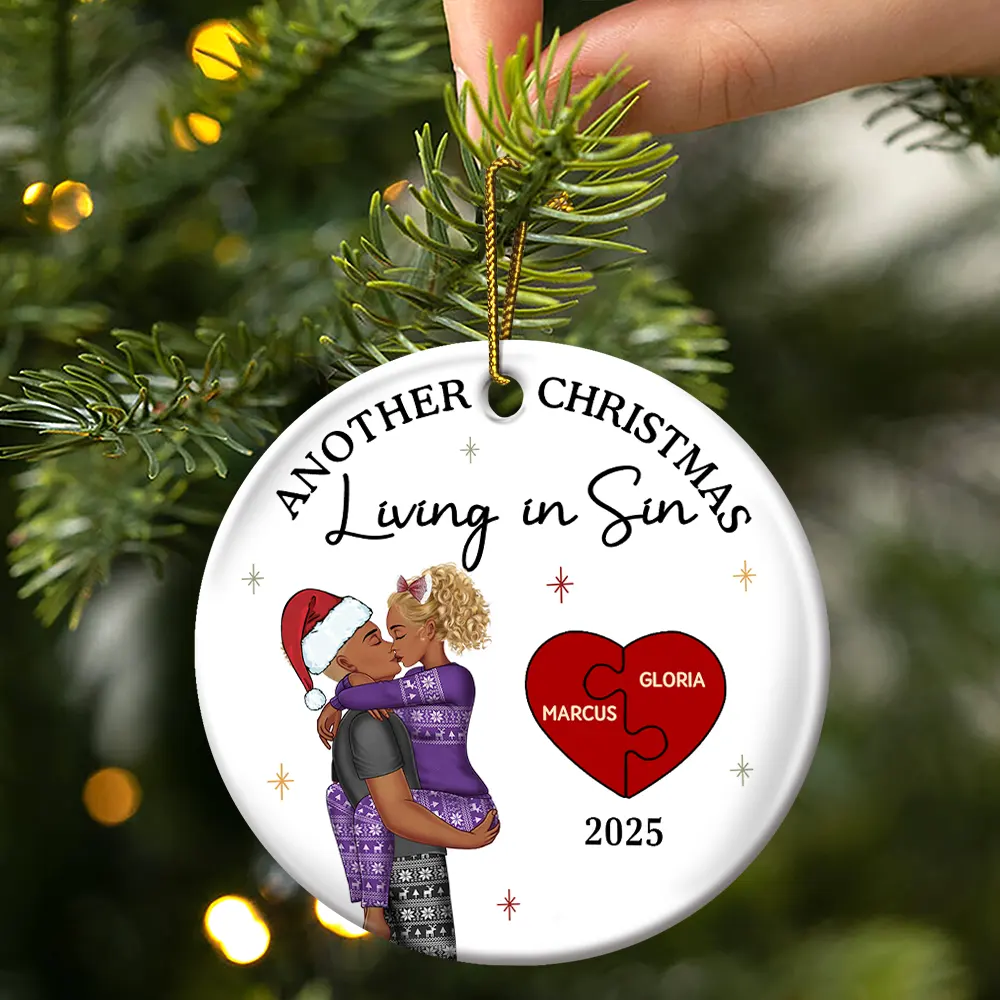 Another Christmas Living In Sin Kissing Couples - Personalized Circle Ceramic Ornament - Image 3