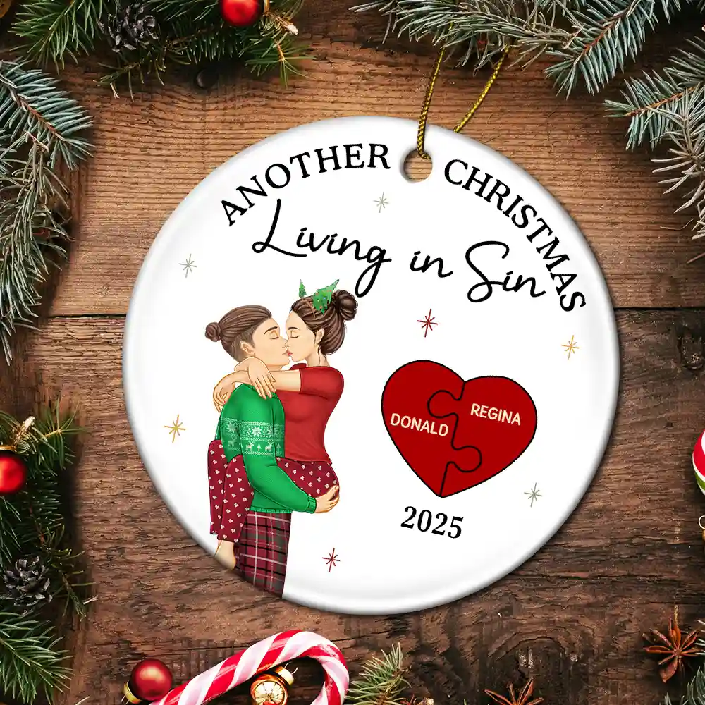 Another Christmas Living In Sin Kissing Couples - Personalized Circle Ceramic Ornament - Image 5