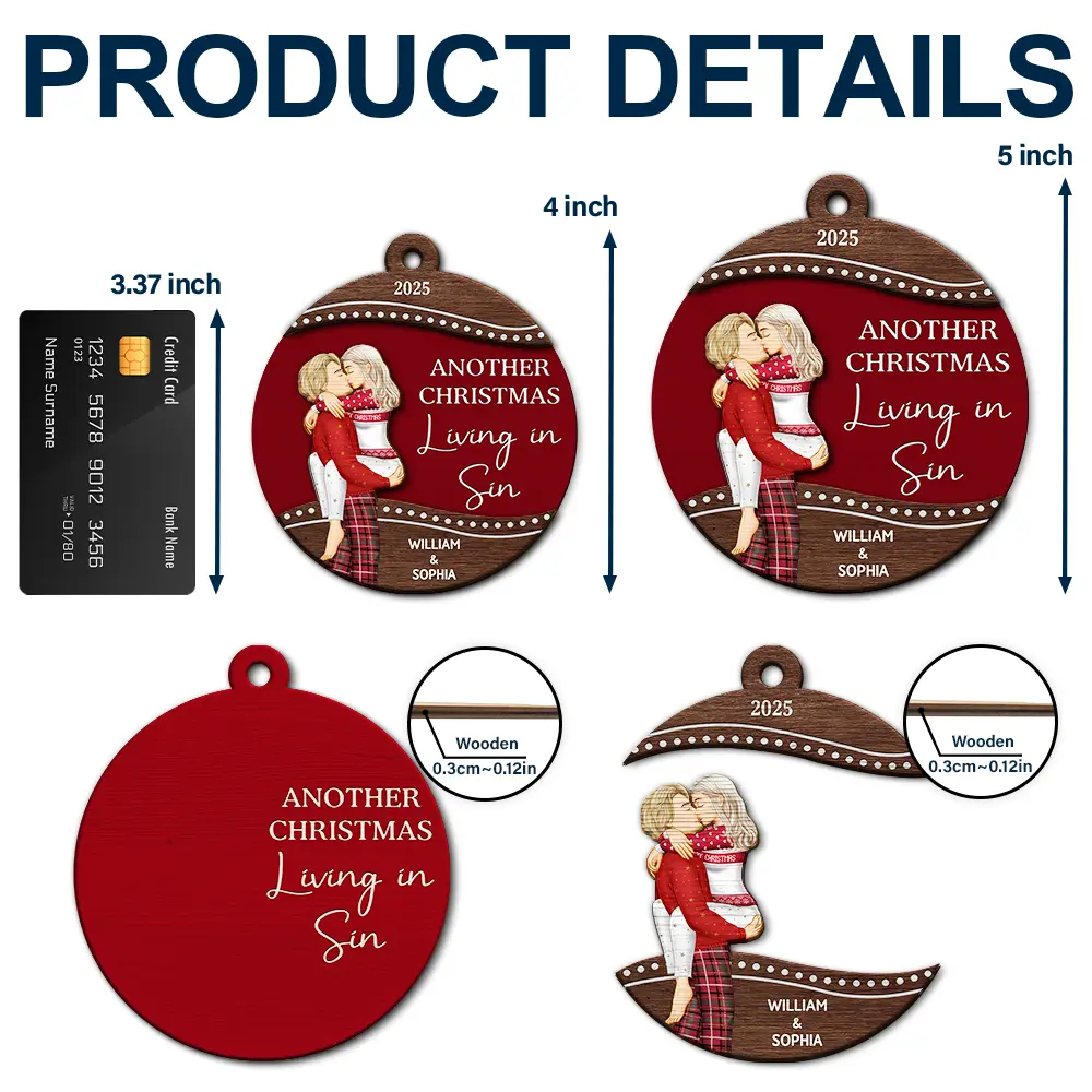 Another Christmas Living In Sin - Personalized 2-Layered Wooden Ornament - Image 5