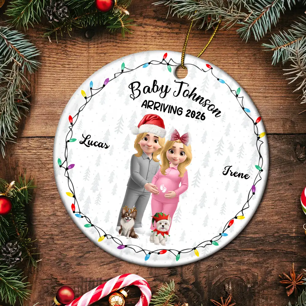 Baby Arriving Expecting Parents 3D Effect, Pet Parents To Human Parents - Personalized Circle Ceramic Ornament - Image 5