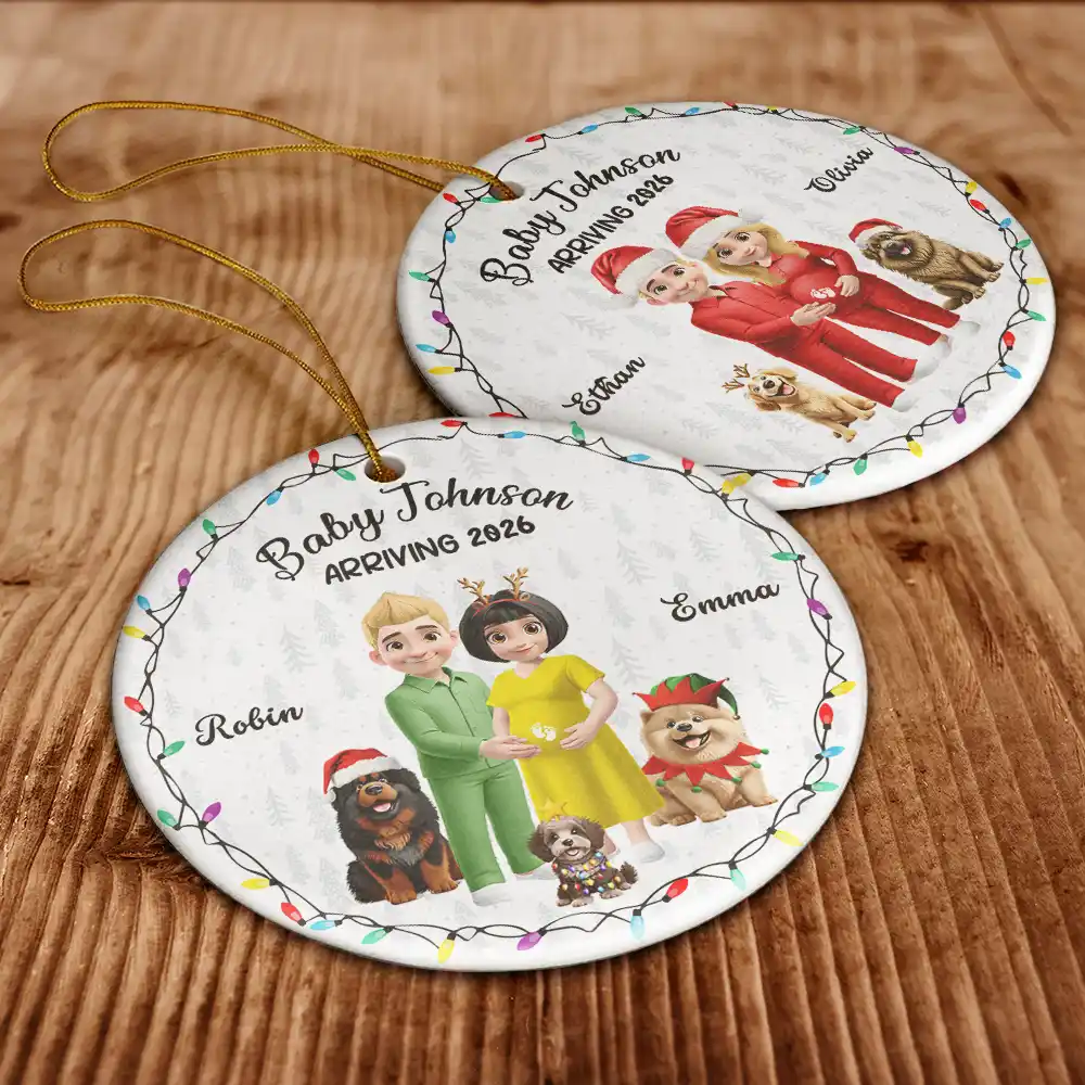 Baby Arriving Expecting Parents 3D Effect, Pet Parents To Human Parents - Personalized Circle Ceramic Ornament - Image 6