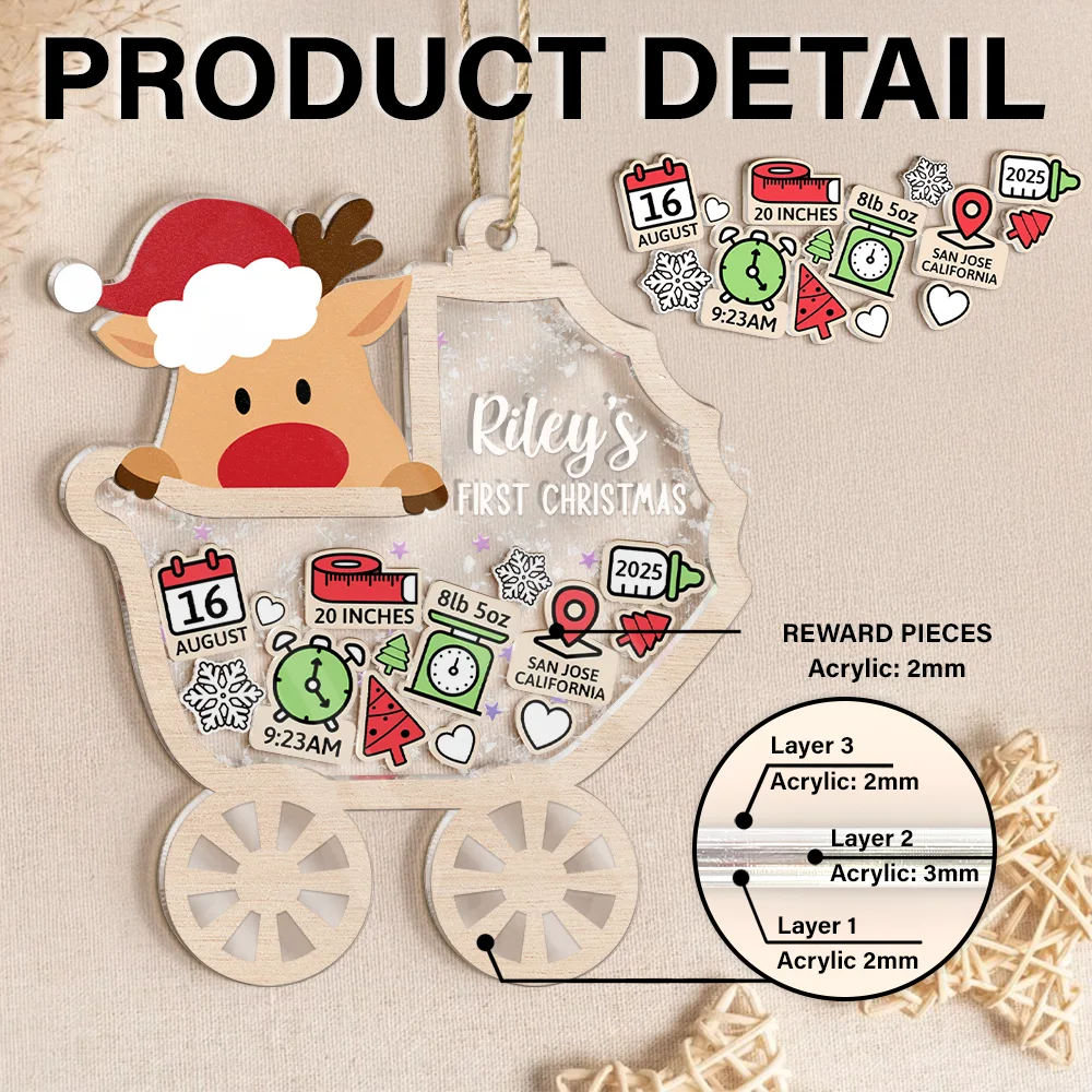 Baby Carriage New Baby Information Keepsake - Personalized 3-Layered Acrylic Shaker Ornament - Image 2