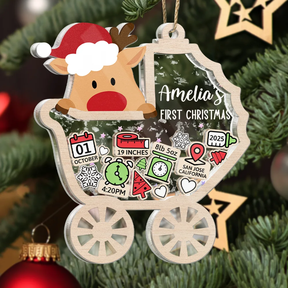 Baby Carriage New Baby Information Keepsake - Personalized 3-Layered Acrylic Shaker Ornament - Image 3