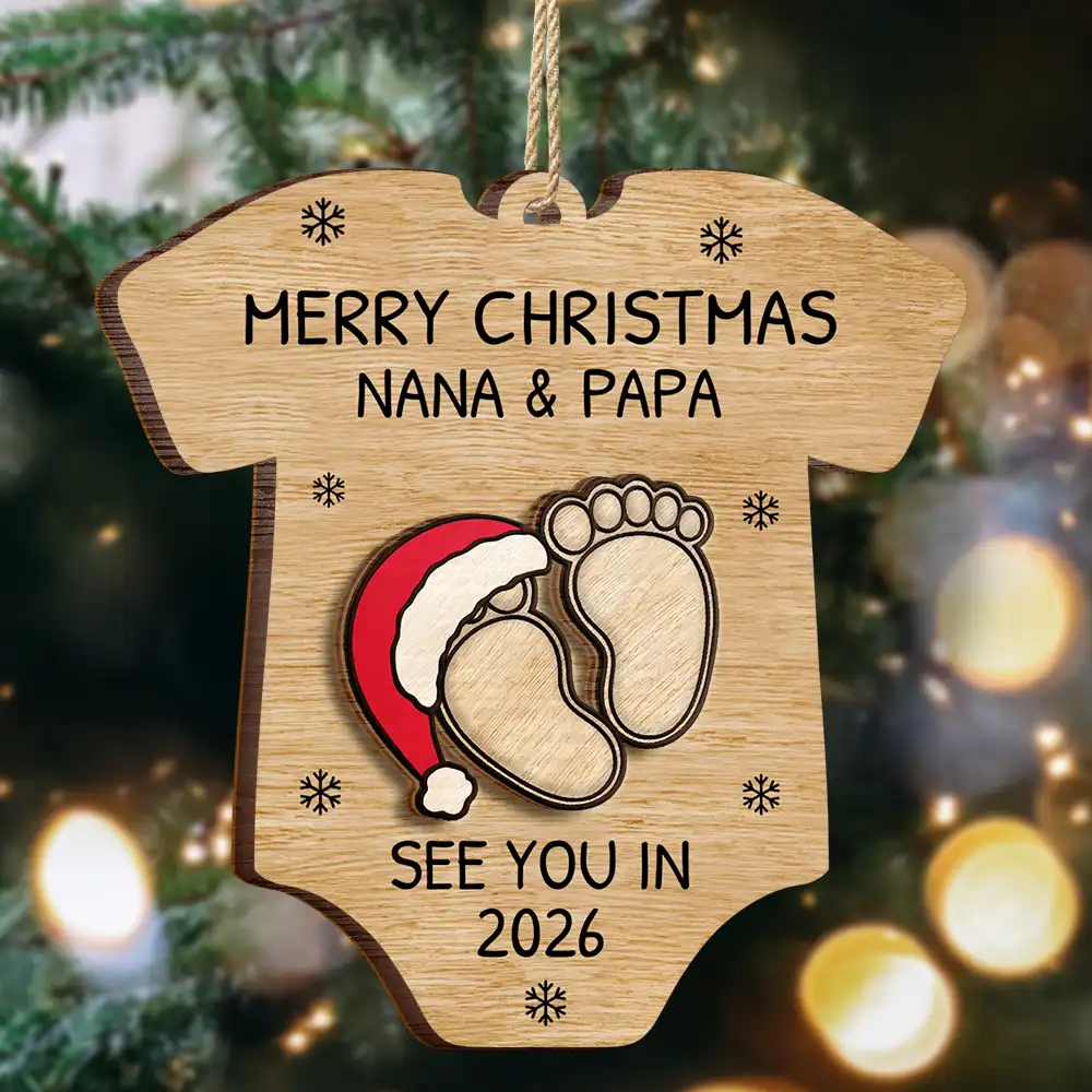 Baby Expecting See You In 2026 Onesie Shaped - Personalized 2-Layered Wooden Ornament - Image 2