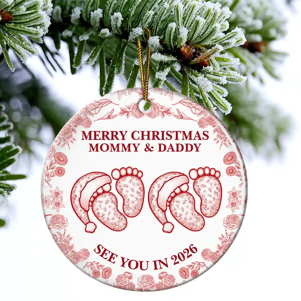 Baby Expecting See You In 2026 Toile Pattern - Personalized Circle Ceramic Ornament - Image 4