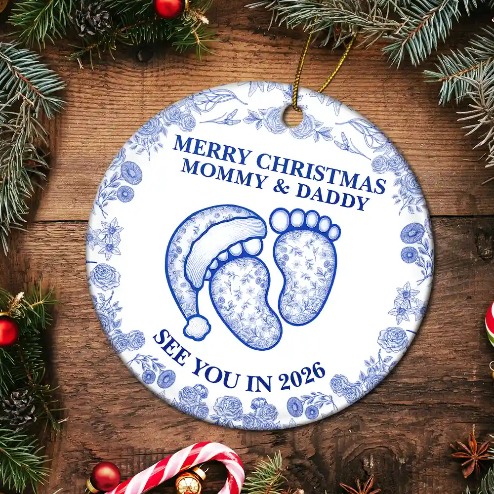 Baby Expecting See You In 2026 Toile Pattern - Personalized Circle Ceramic Ornament - Image 5