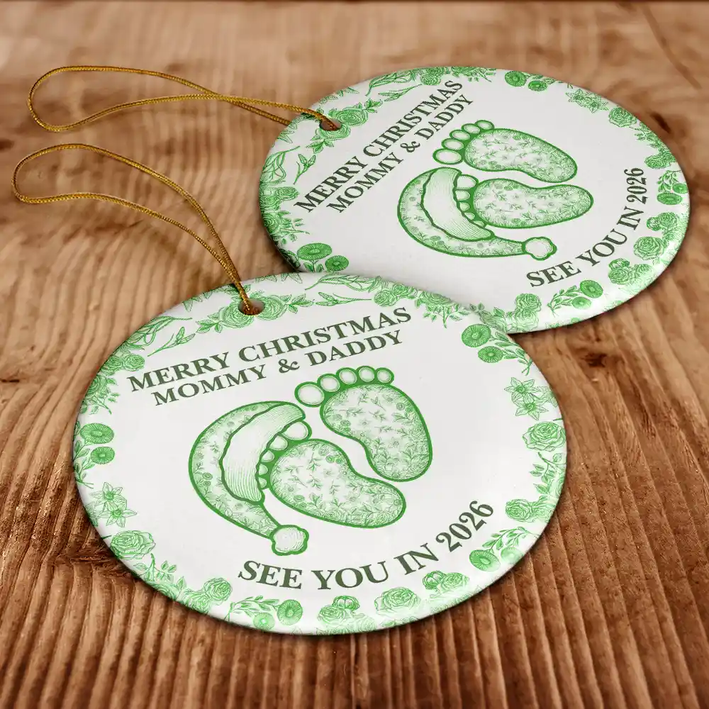 Baby Expecting See You In 2026 Toile Pattern - Personalized Circle Ceramic Ornament - Image 6