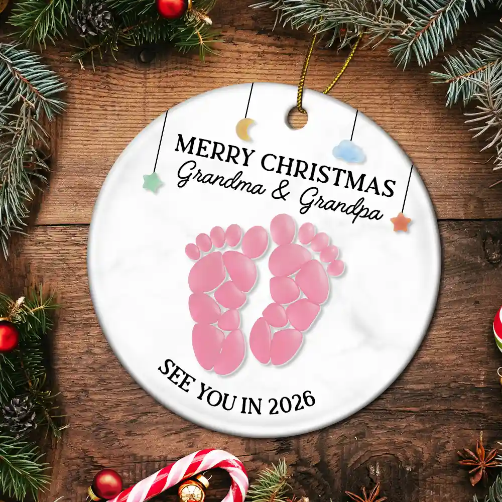 Baby Expecting See You In Soon Feet Stones - Personalized Circle Ceramic Ornament - Image 5