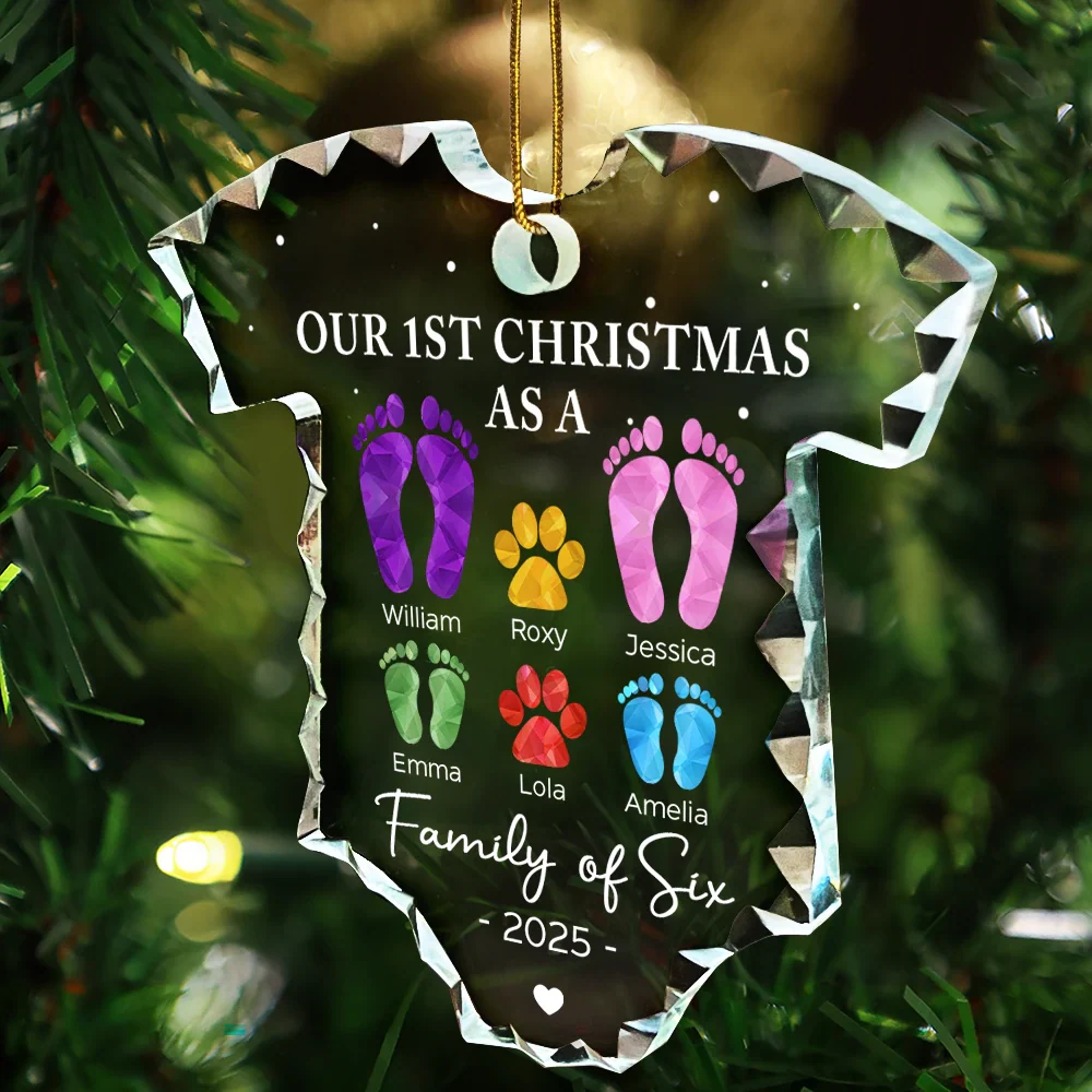 Baby First Christmas Foot Prints - Personalized Onesie Shaped Glass Ornament - Image 3