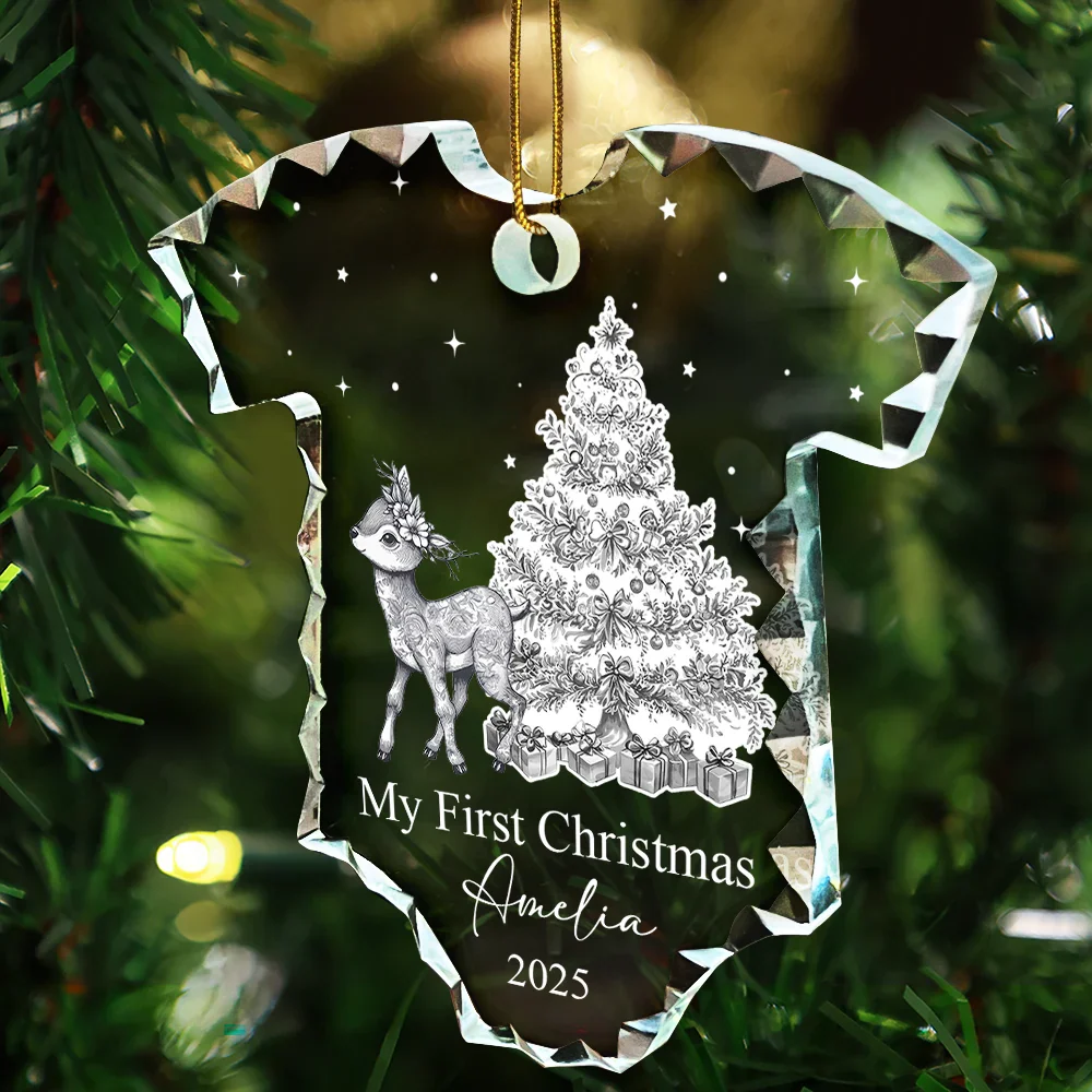 Baby First Christmas Toile Pattern - Personalized Onesie Shaped Glass Ornament - Image 3