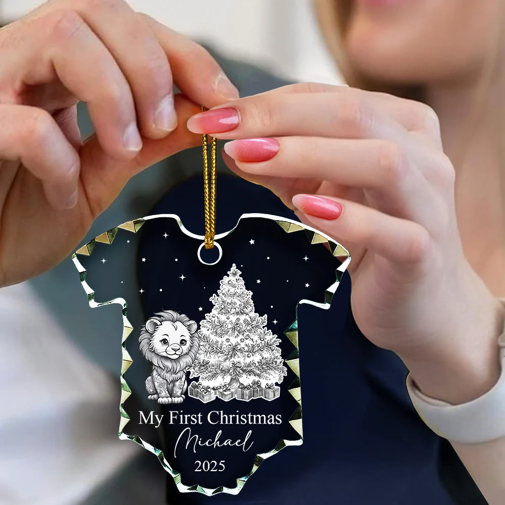 Baby First Christmas Toile Pattern - Personalized Onesie Shaped Glass Ornament - Image 4