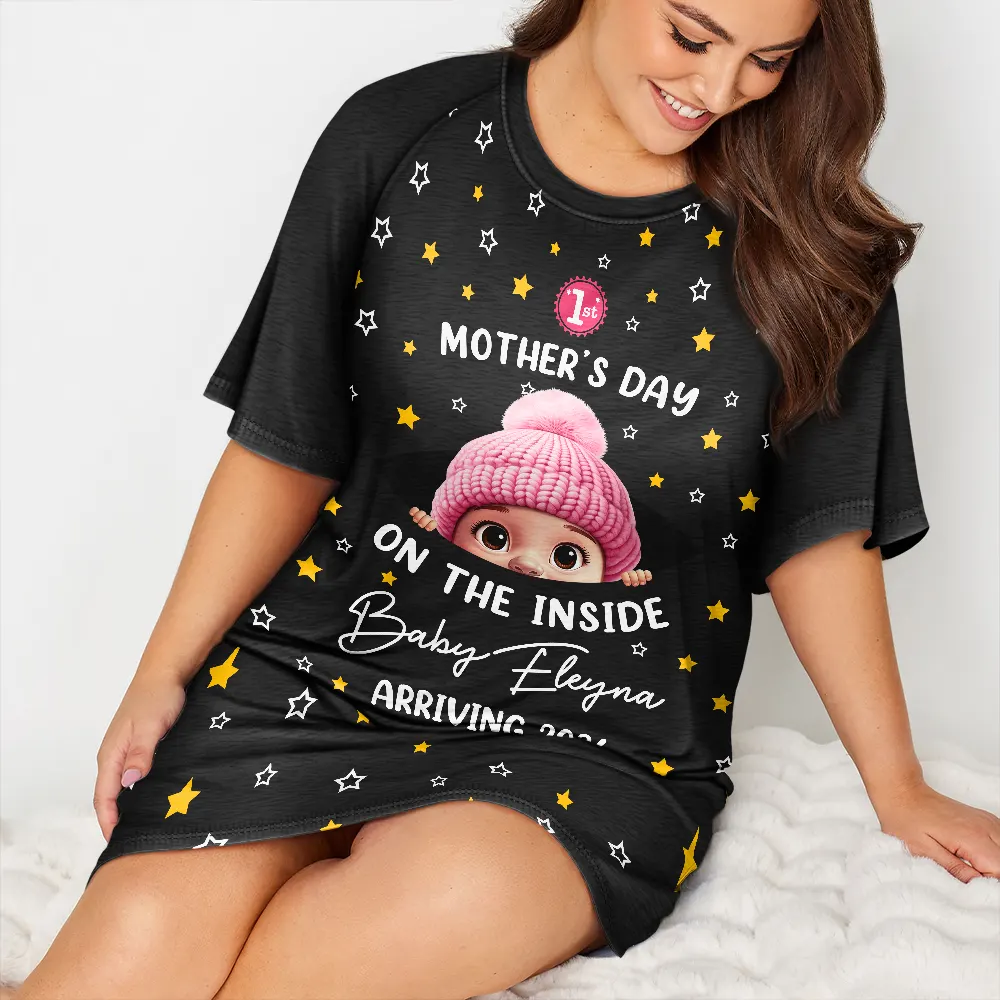 Baby First Year On The Inside With Mom - Personalized Women's Sleep Tee - Image 4