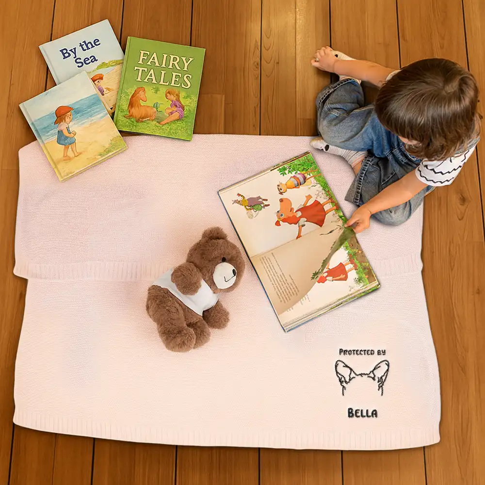Baby Protected By Pet Dog Cat Ears Outline - Personalized Embroidered Knitted Baby Blanket - Image 4