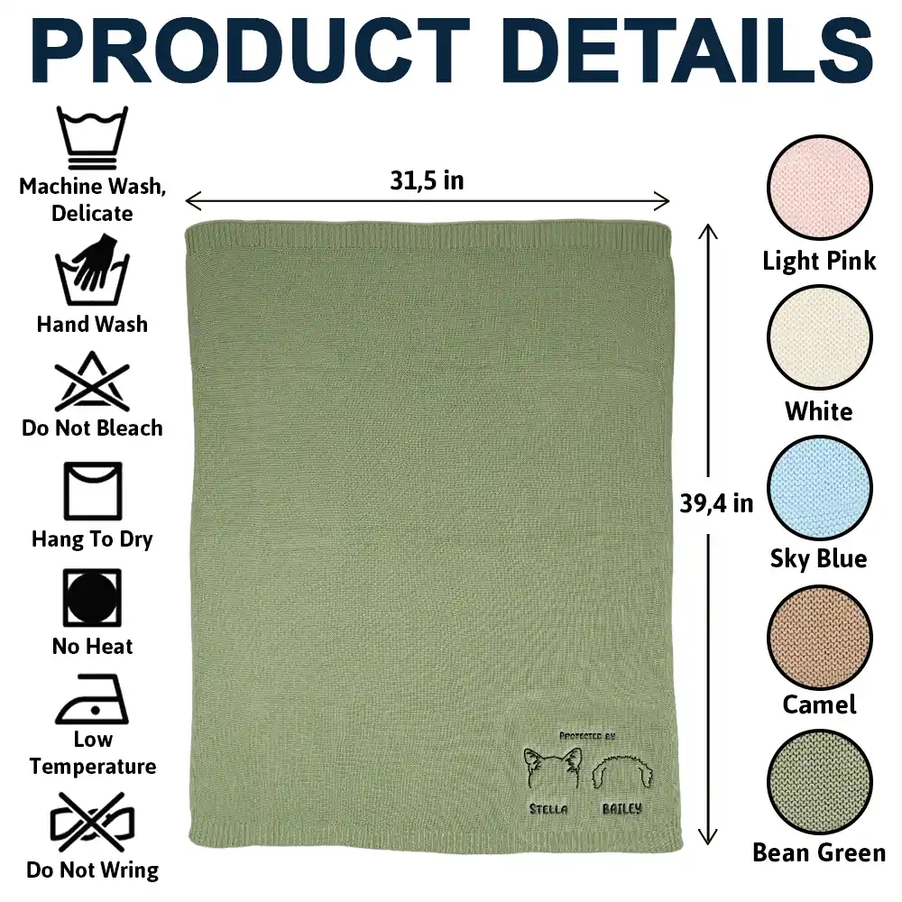 Baby Protected By Pet Dog Cat Ears Outline - Personalized Embroidered Knitted Baby Blanket - Image 5