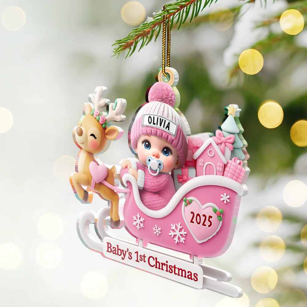 Baby Santa In Sleigh First Christmas - Personalized Custom Shaped Acrylic Ornament - Image 2