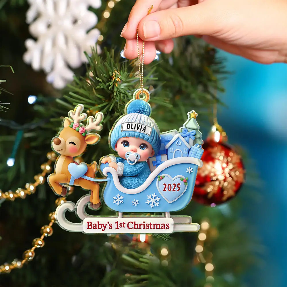 Baby Santa In Sleigh First Christmas - Personalized Custom Shaped Acrylic Ornament - Image 4