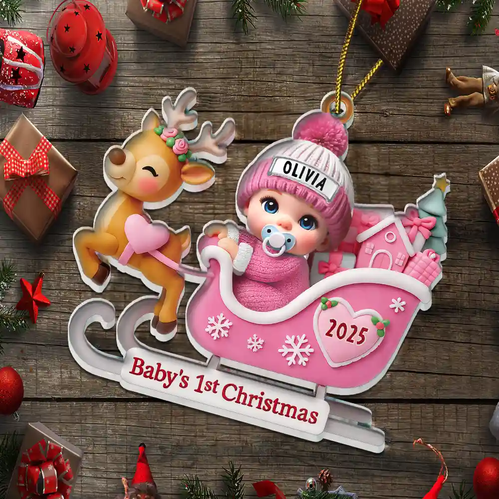 Baby Santa In Sleigh First Christmas - Personalized Custom Shaped Acrylic Ornament - Image 5