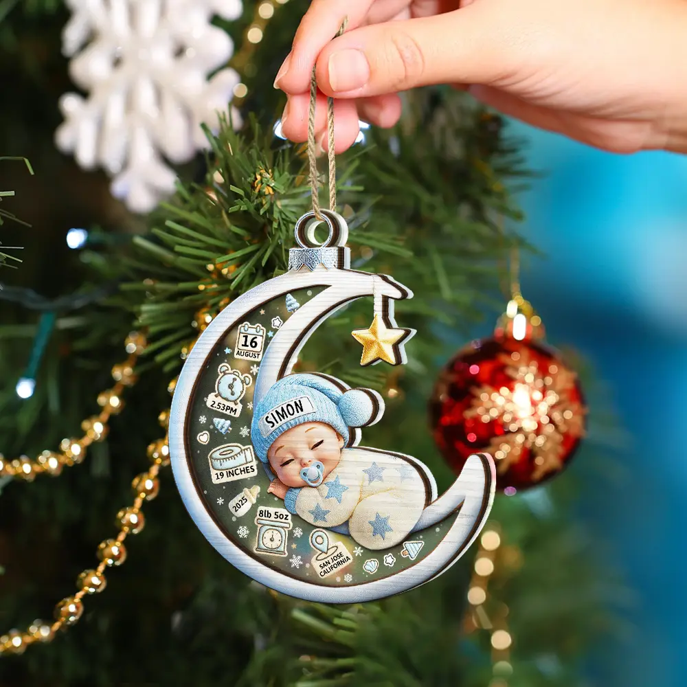 Baby Sleeping On The Moon First Christmas 3D Effect - Personalized 2-Layered Mix Ornament - Image 4