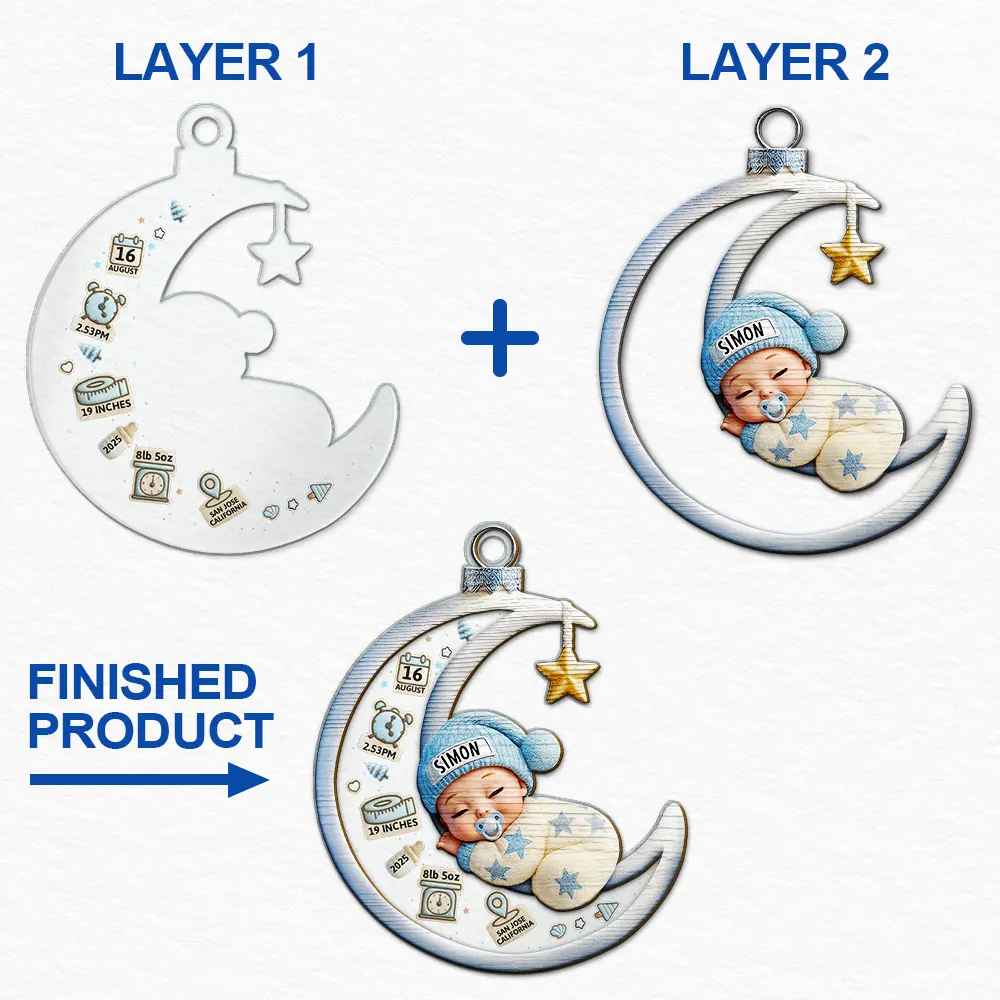 Baby Sleeping On The Moon First Christmas 3D Effect - Personalized 2-Layered Mix Ornament - Image 6