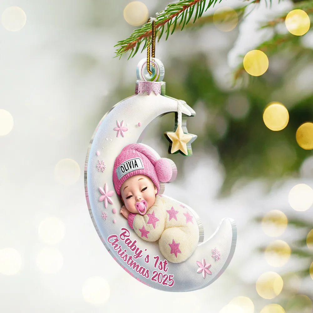 Baby Sleeping On The Moon First Christmas 3D Effect - Personalized Custom Shaped Acrylic Ornament - Image 2