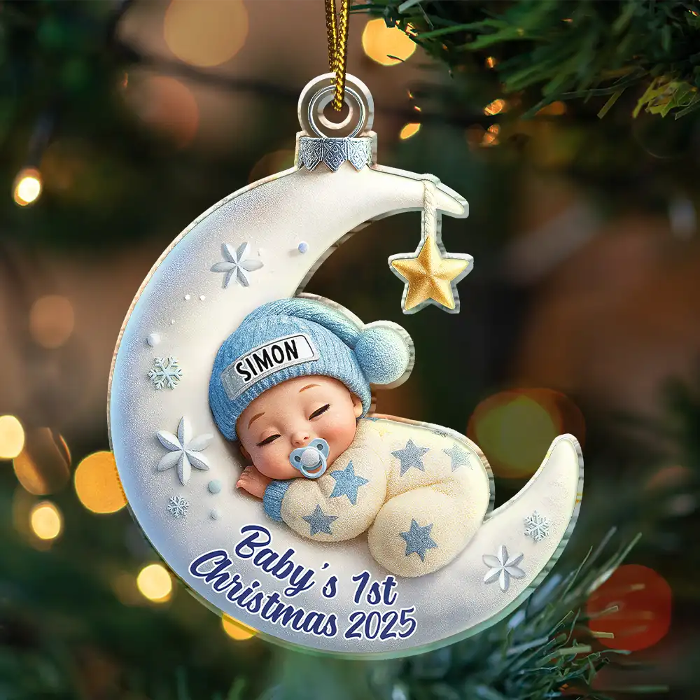 Baby Sleeping On The Moon First Christmas 3D Effect - Personalized Custom Shaped Acrylic Ornament - Image 3
