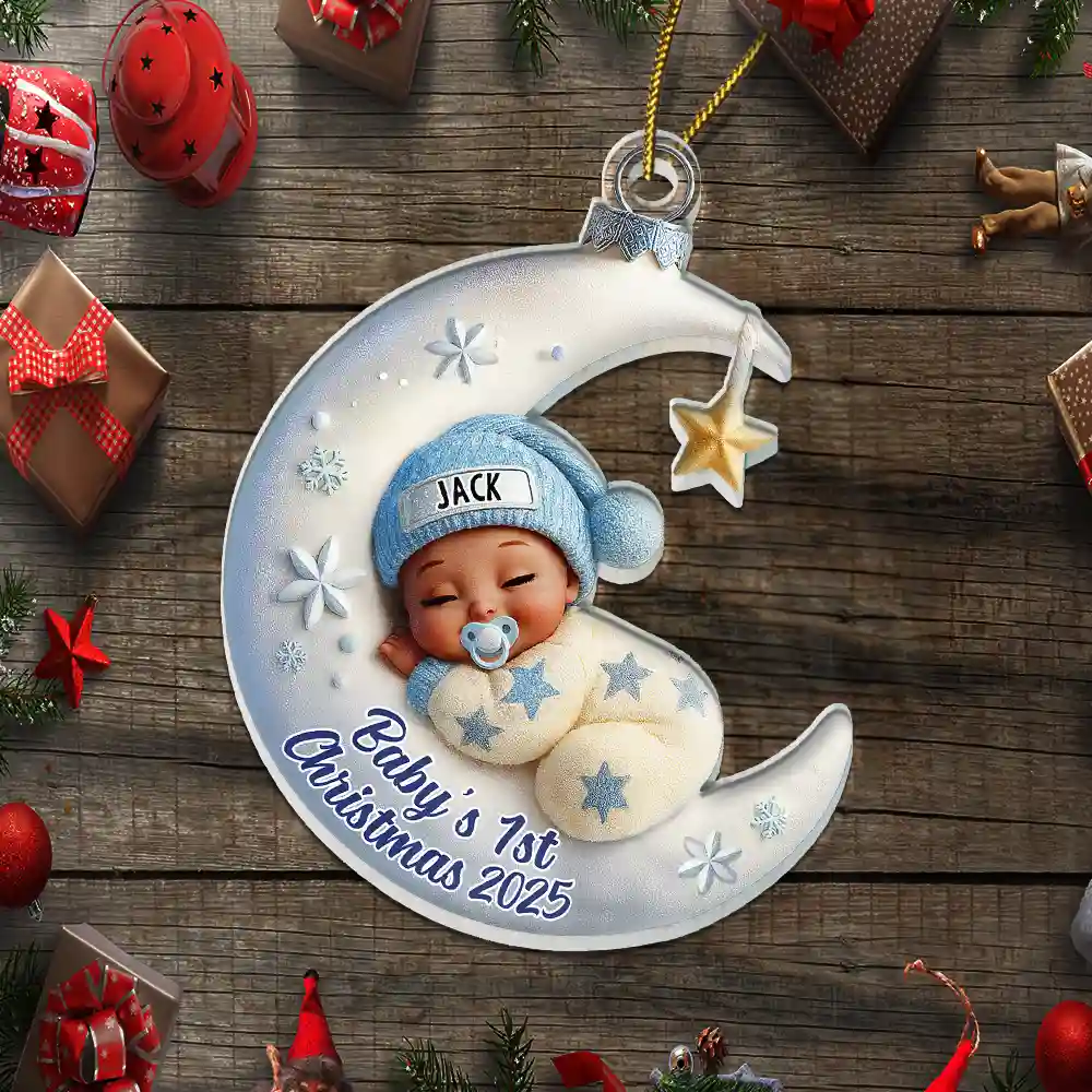 Baby Sleeping On The Moon First Christmas 3D Effect - Personalized Custom Shaped Acrylic Ornament - Image 5