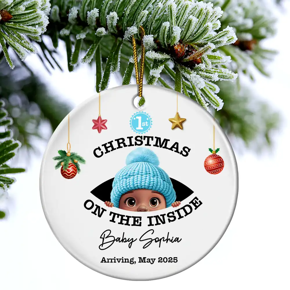 Baby's First Christmas On The Inside - Personalized Circle Ceramic Ornament - Image 4