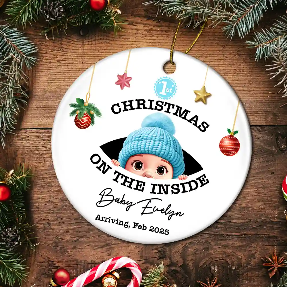 Baby's First Christmas On The Inside - Personalized Circle Ceramic Ornament - Image 5