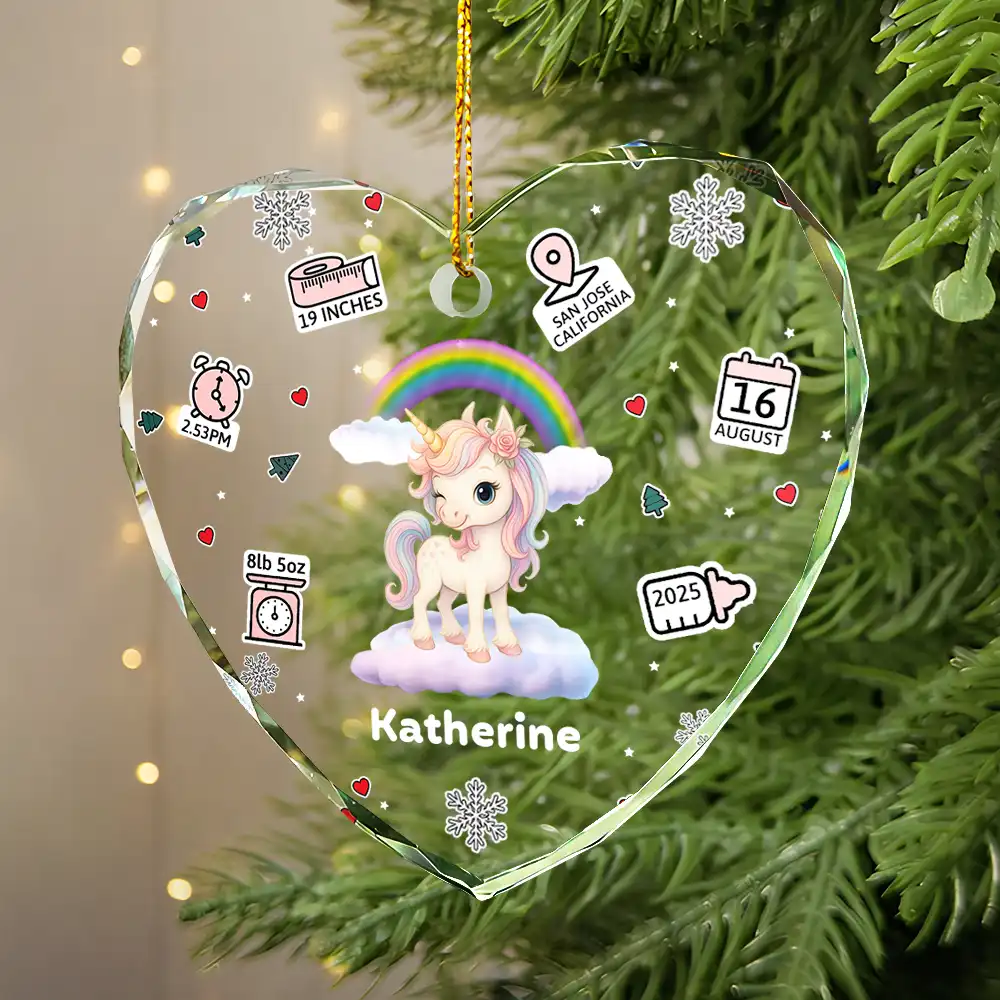 Baby's First Stats With Cute Animal - Personalized Heart Shaped Glass Ornament - Image 2