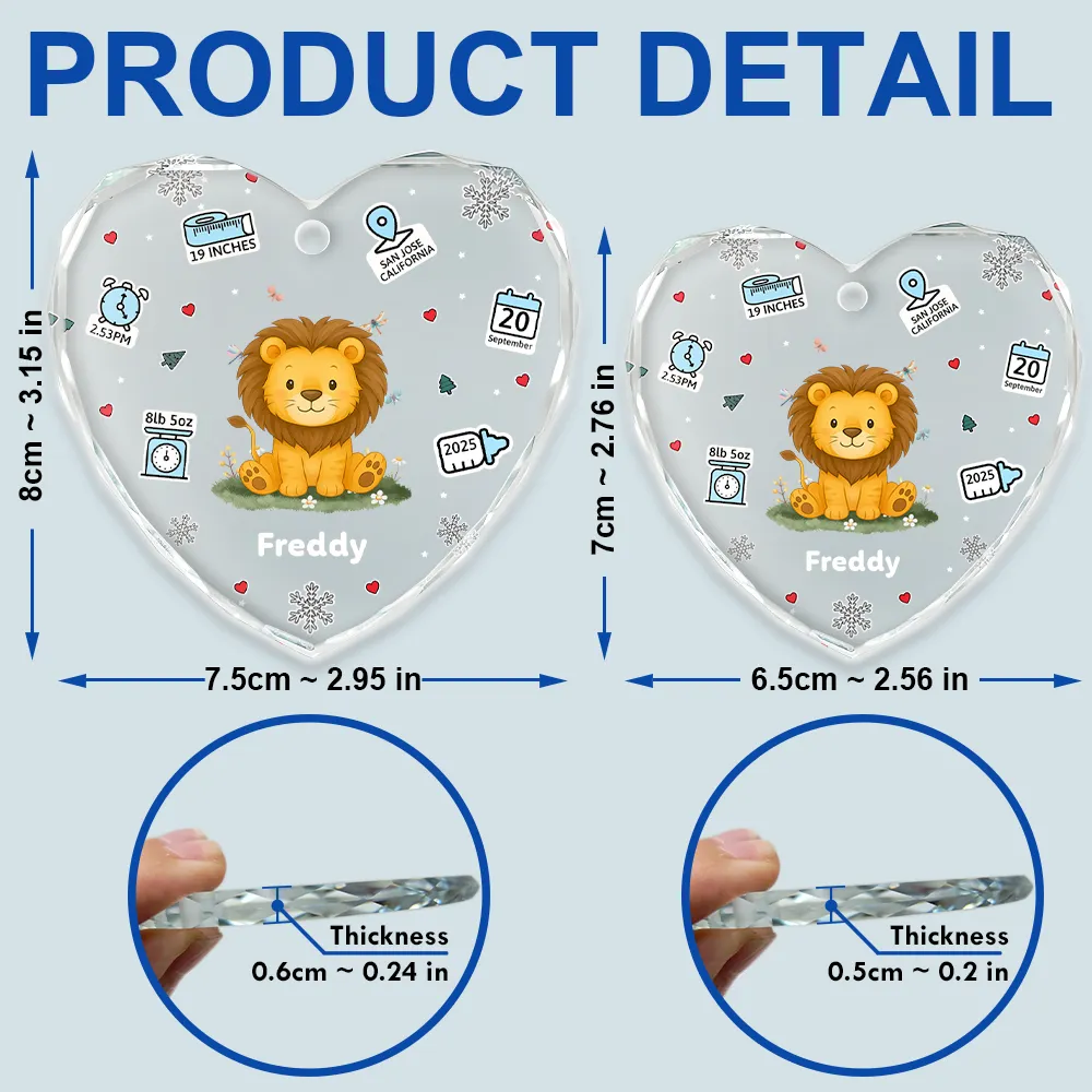 Baby's First Stats With Cute Animal - Personalized Heart Shaped Glass Ornament - Image 5