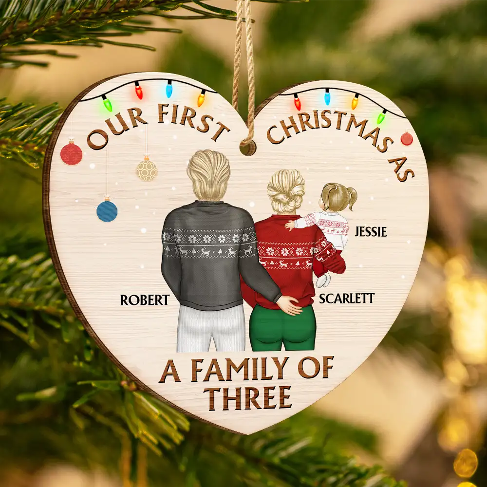 Back Family Our First Christmas As A Family Of Three - Personalized Custom Shaped Wooden Ornament - Image 3