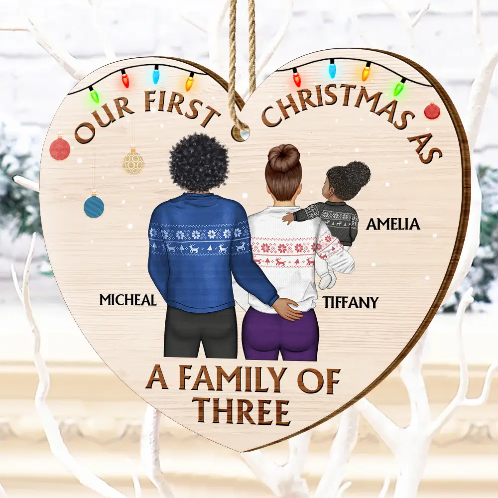 Back Family Our First Christmas As A Family Of Three - Personalized Custom Shaped Wooden Ornament - Image 4