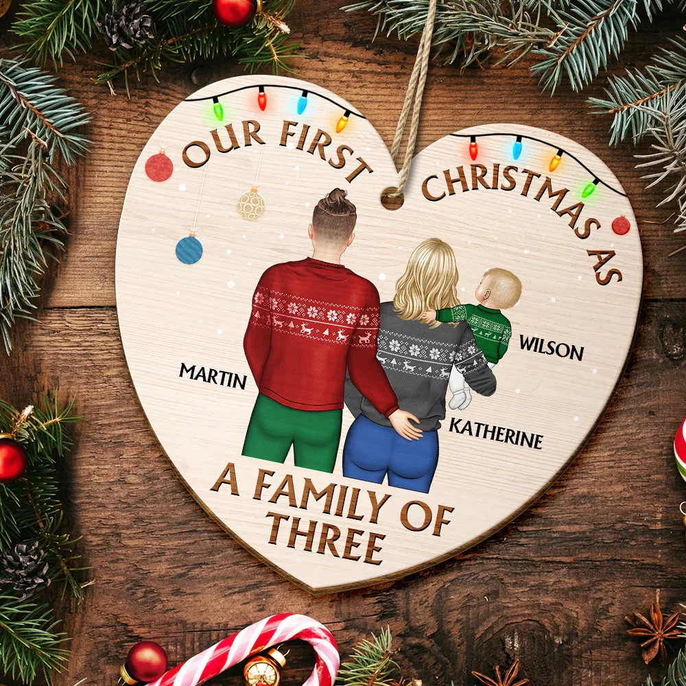 Back Family Our First Christmas As A Family Of Three - Personalized Custom Shaped Wooden Ornament - Image 5