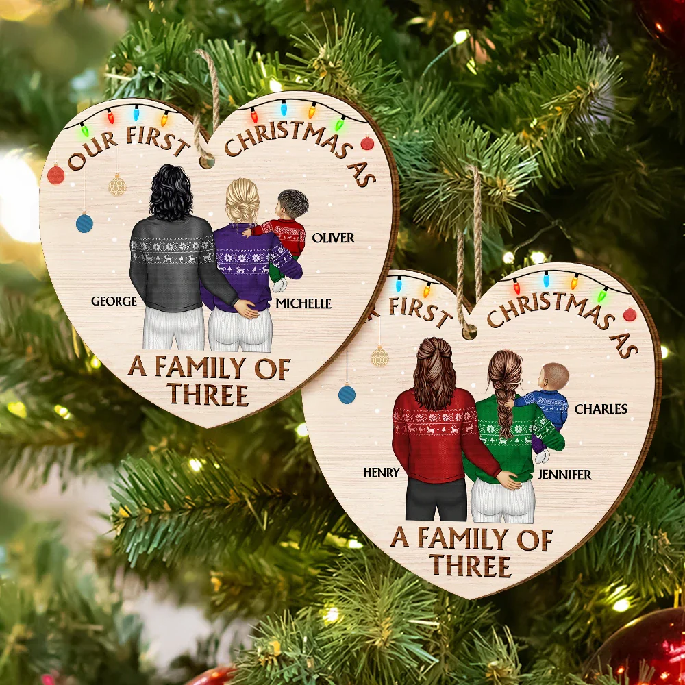 Back Family Our First Christmas As A Family Of Three - Personalized Custom Shaped Wooden Ornament - Image 6