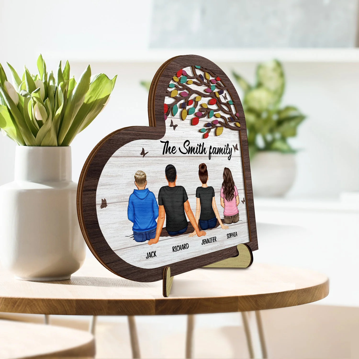 Back Family Sitting Together - Gift For Family - Personalized 2-Layered Wooden Plaque With Stand - Image 3