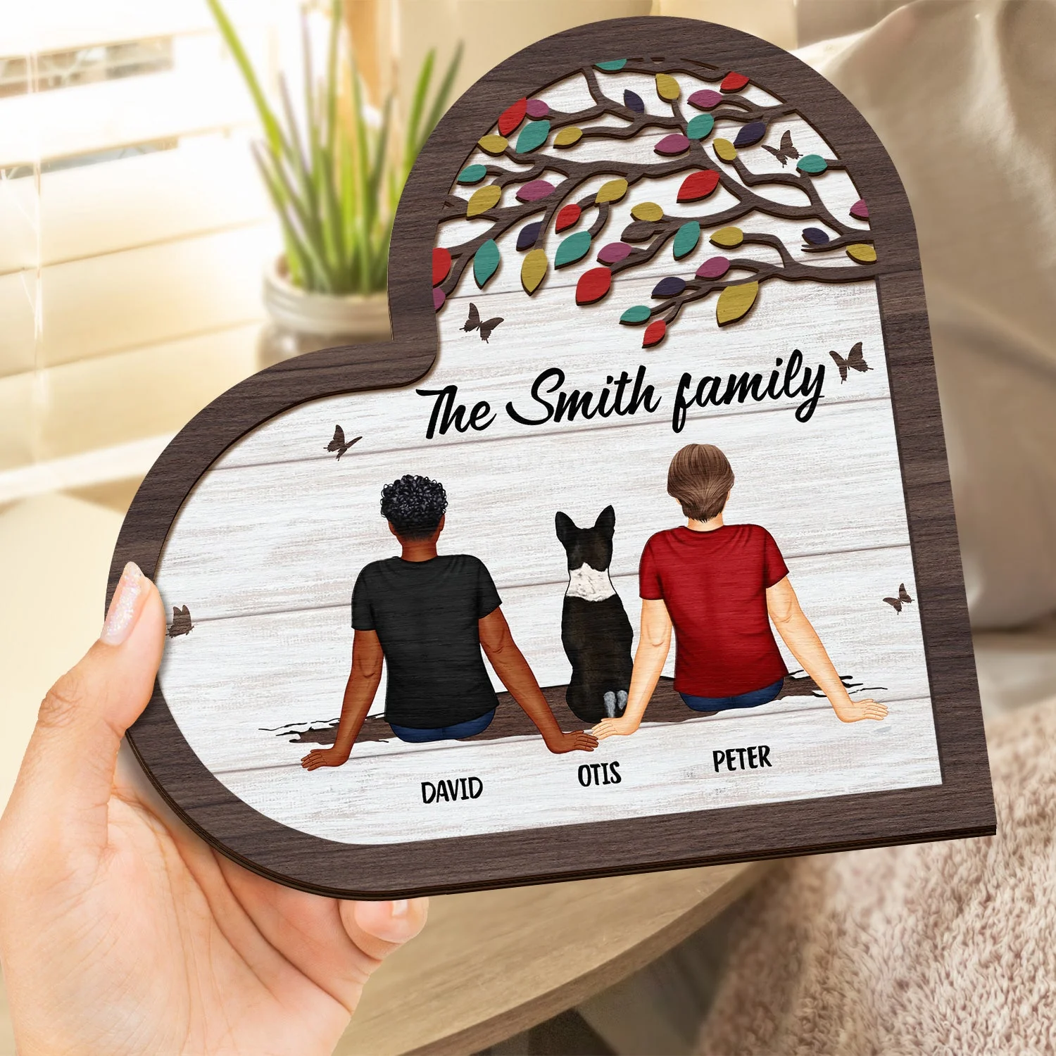 Back Family Sitting Together - Gift For Family - Personalized 2-Layered Wooden Plaque With Stand - Image 4