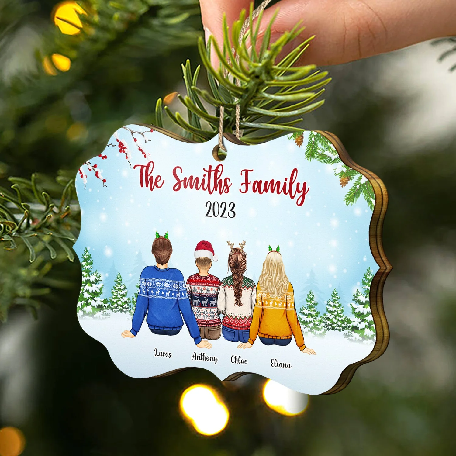 Back Family Snow - Christmas, Gift For Family - Personalized Medallion Wooden Ornament - Image 2