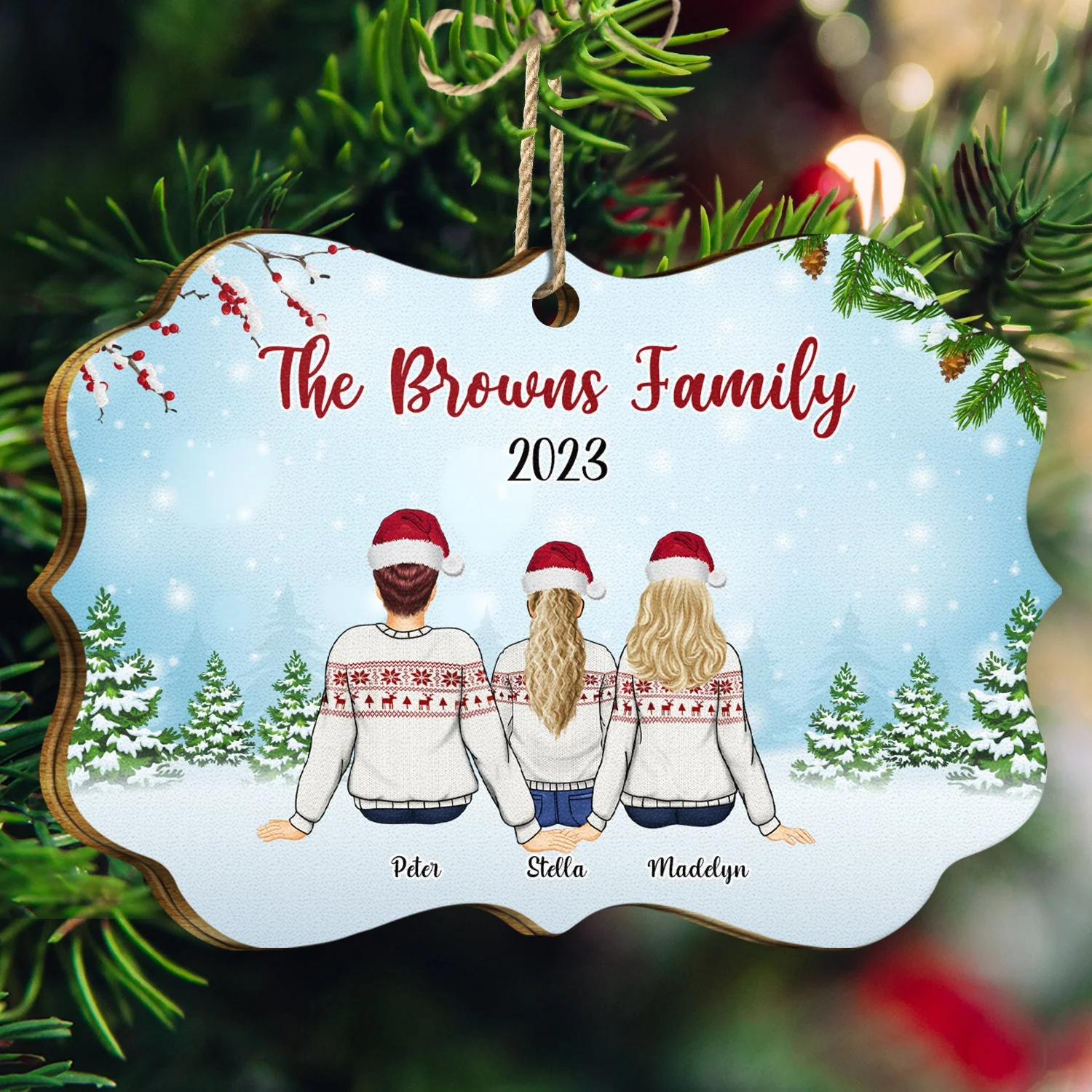 Back Family Snow - Christmas, Gift For Family - Personalized Medallion Wooden Ornament - Image 3