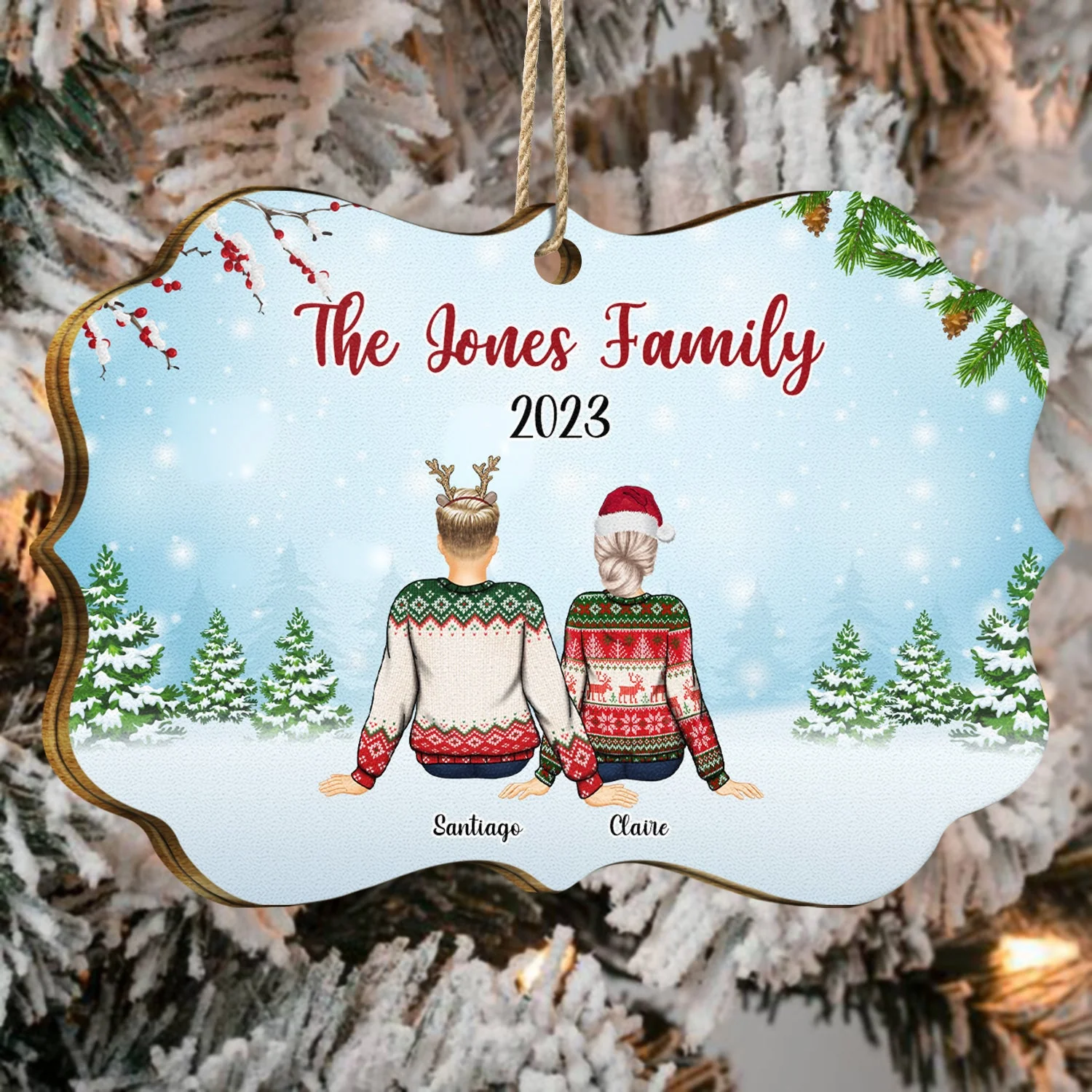 Back Family Snow - Christmas, Gift For Family - Personalized Medallion Wooden Ornament - Image 4