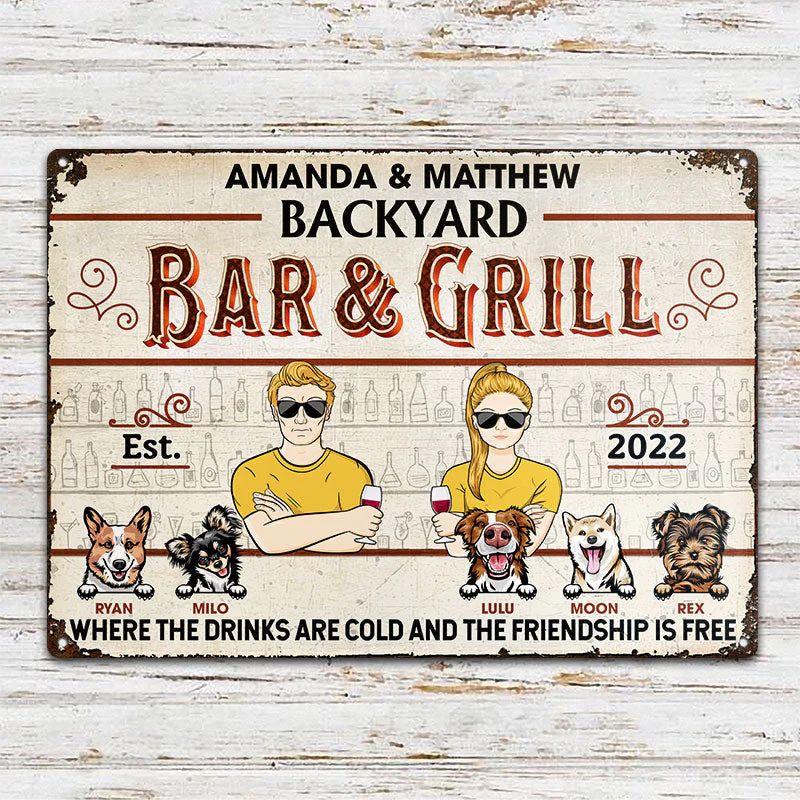 Backyard Bar & Grill Where The Drinks Are Cold And The Friendship Is Free - Gift For Couple - Personalized Custom Classic Metal Signs - Image 2