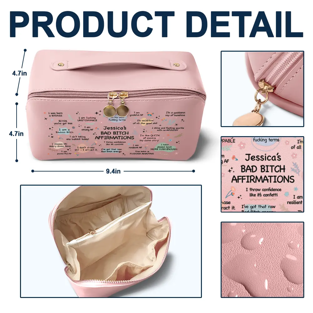 Bad Bi*ch Affirmation - Personalized Leather Makeup Bag - Image 4